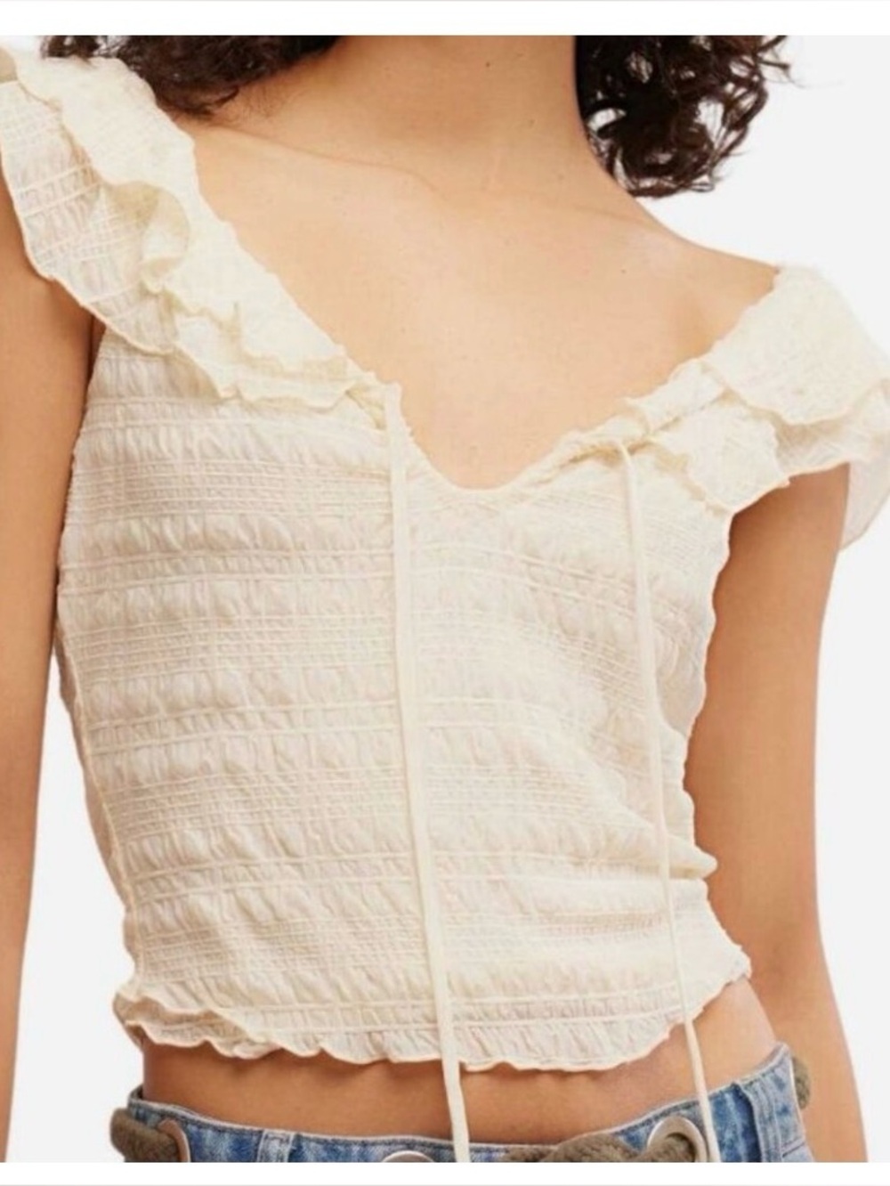 Free People Cream Ruffled Tie-FrontTop